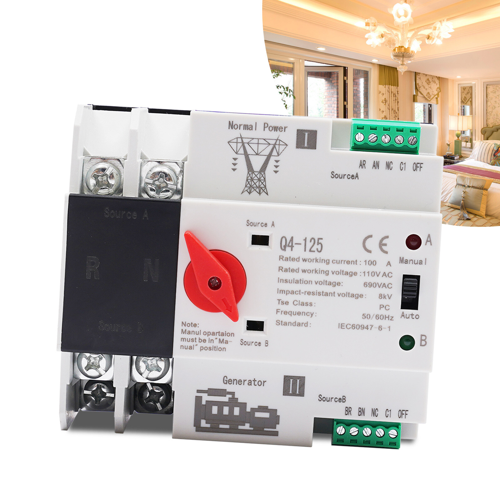 2P 100A 2 pole Dual Power Automatic Transfer Switch Generator Changeover Switch
