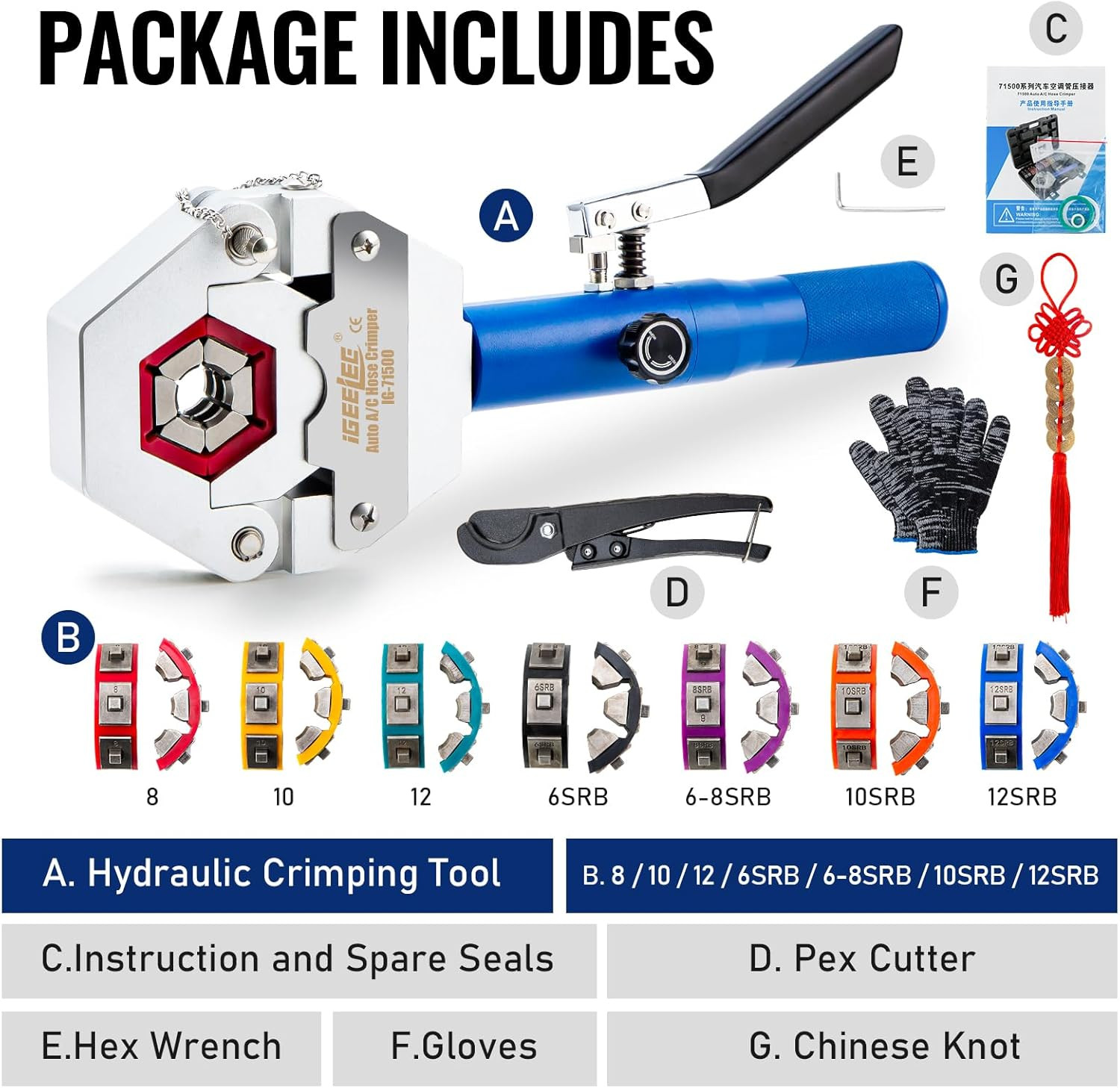 Hydraulic Hose Crimper AC Crimping Tool for Barbed & Beaded Hose Fittings | 7 Di