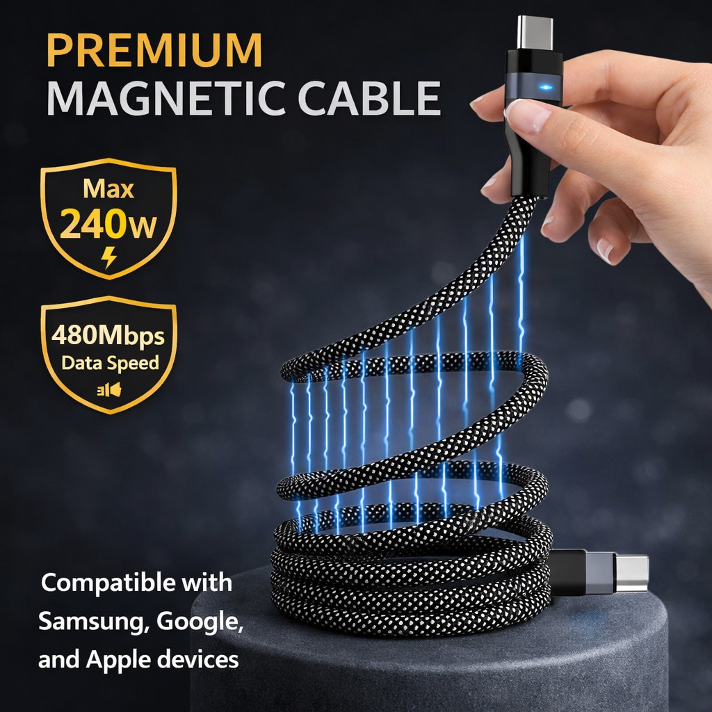Fast Charger Cable Cord Magnetic Auto-Recoil USB Laptop Phone up to 240W 480Mbps