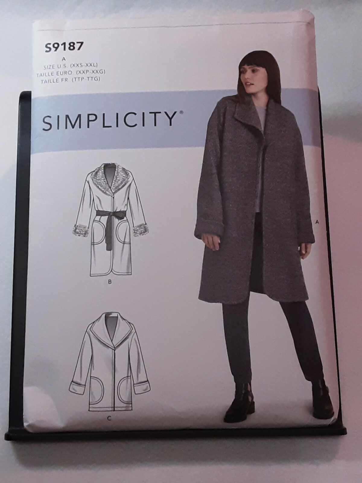 Simplicity 9187 XXS - XXL lg collar wrap coat/jacket tie sash side pockets NIP