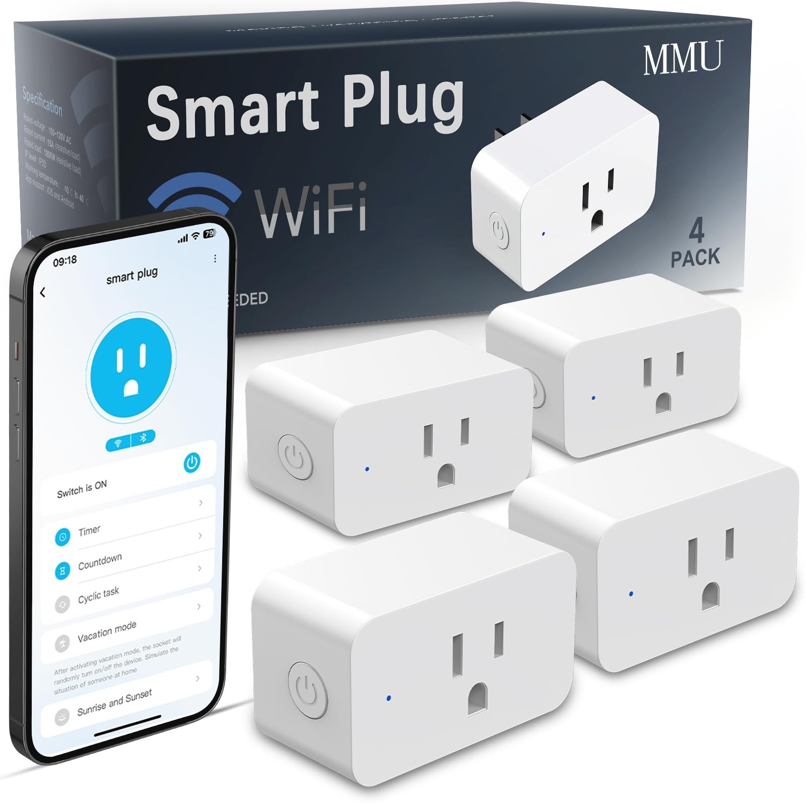 4 Pack WiFi Smart Plug, Compatible with Alexa & Google Home, Timer Socket