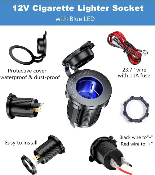 12V Cigarette Lighter Socket with Blue LED, Waterproof Cigarette L Color: Blue