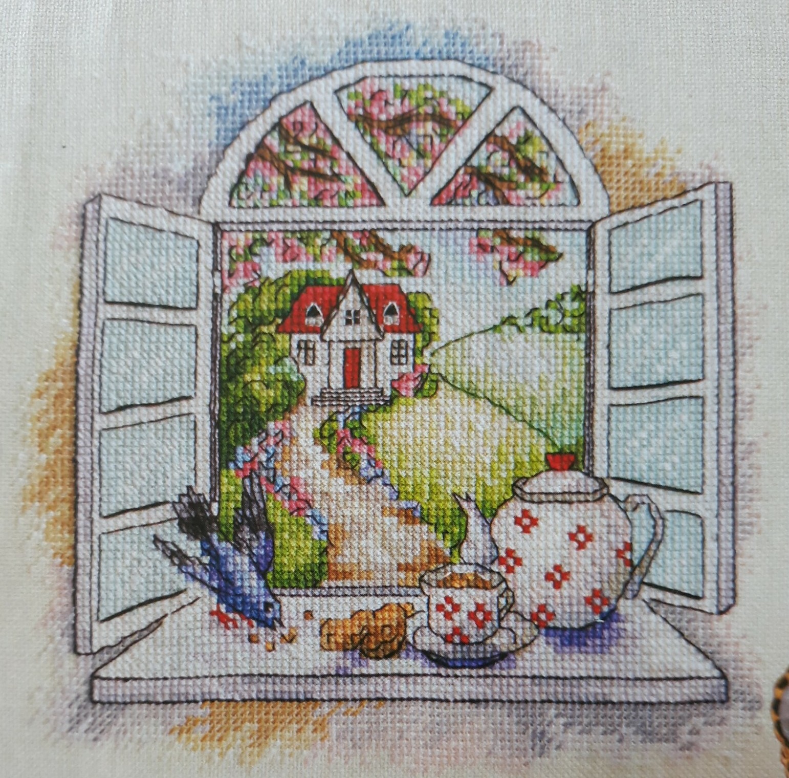 Cross Stitch "MORNING TEA" pattern ~ window, bird, teapot, flowers, cup