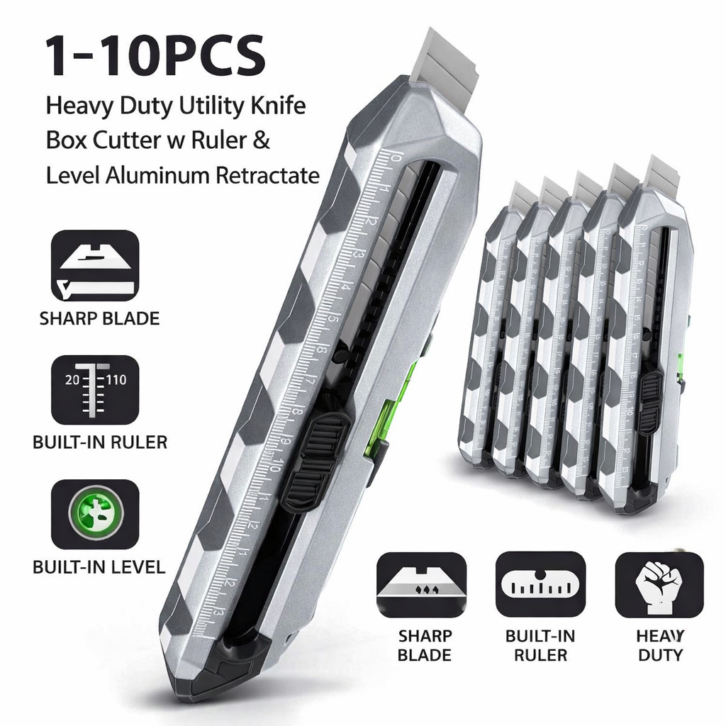 Heavy Duty Utility Knife Box Cutter w Ruler & Level Aluminum Retractable 1-10PCS