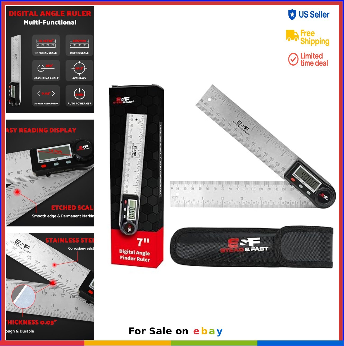 Digital Angle Finder Tool 7 Inch 200 mm Stainless Steel Protractor with Case