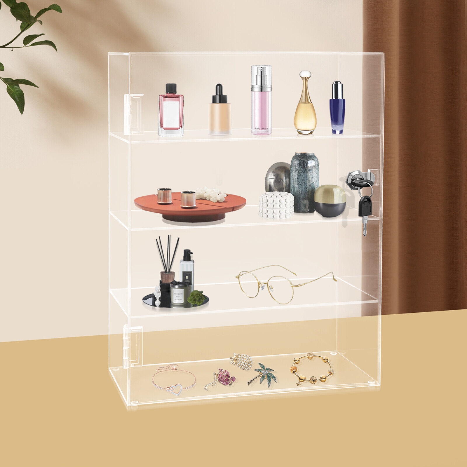4-Layer Clear Acrylic Display Case 30 × 15 × 40 cm Lockable Countertop Showcase