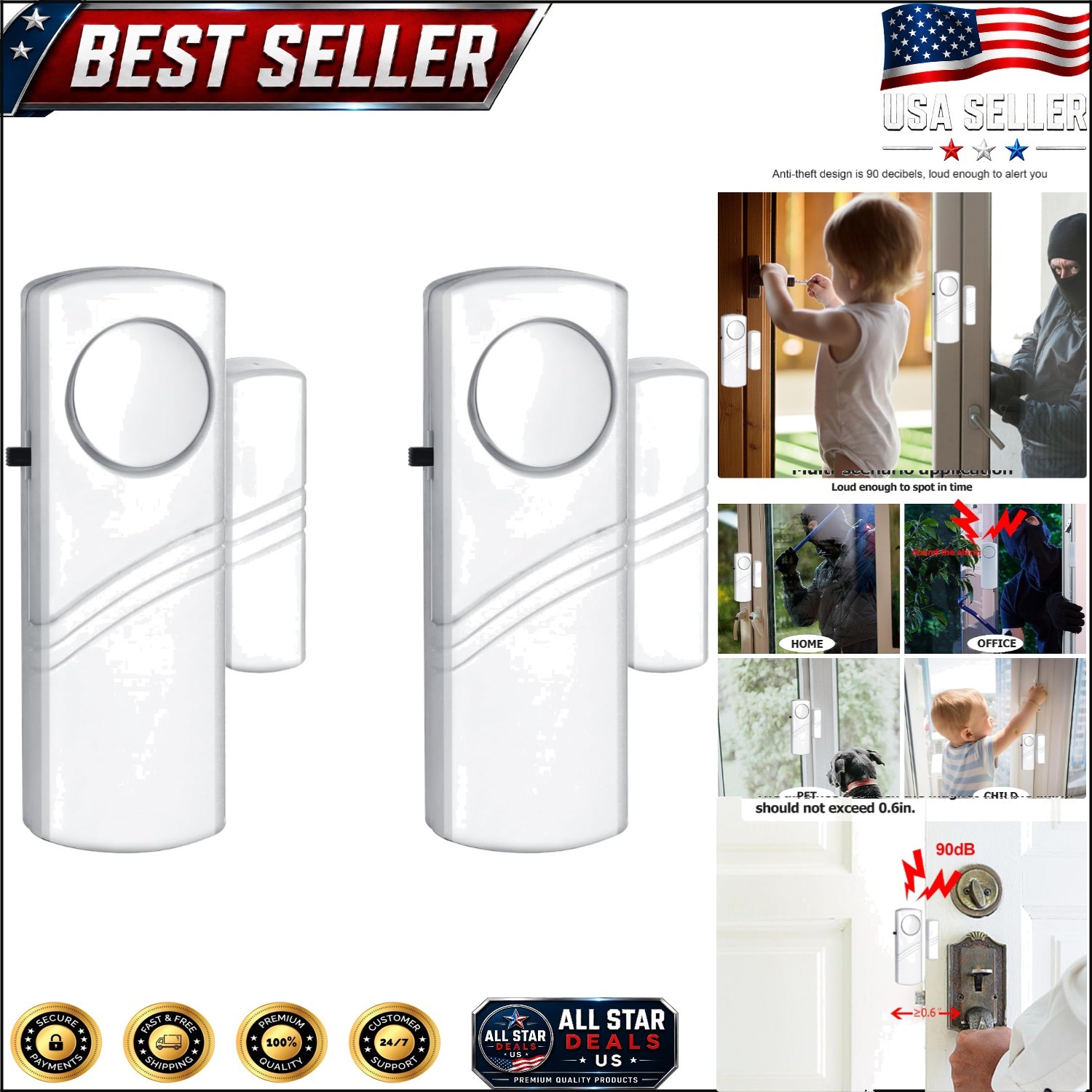 Portable 90dB Wireless Burglar Alarm for Home & Office - 2 Pack Easy Setup