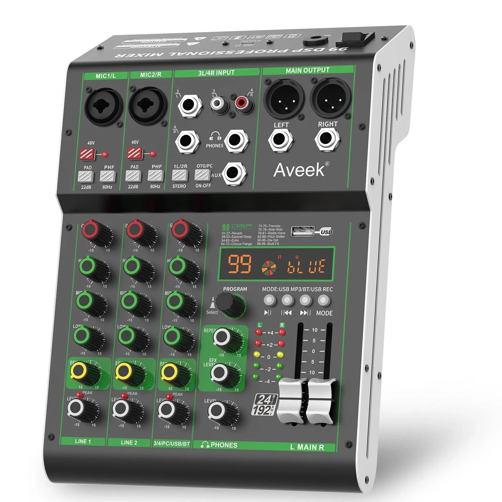 Aveek Audio Mixer 4 channel professional sound board 99 DSP effects