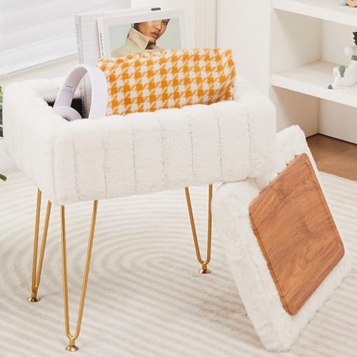 Storage Ottoman, Vanity Stools with Metal Legs, 16.5" x 11.8" x 18" White