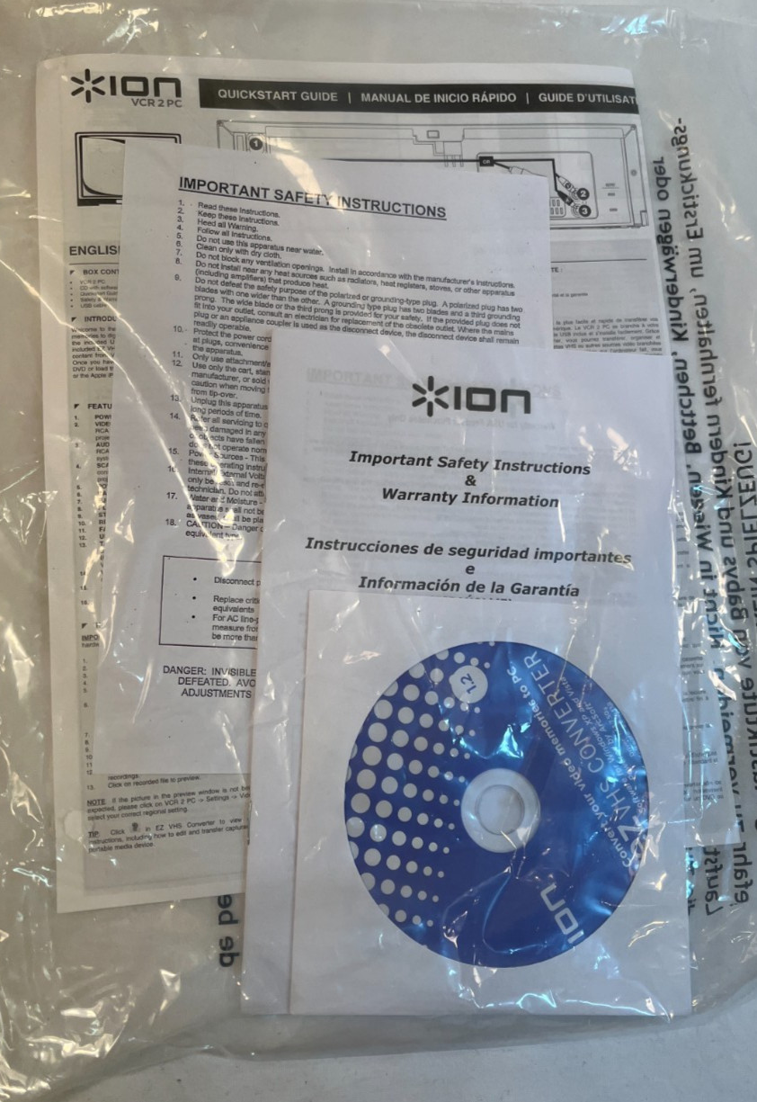 ION VCR 2 PC Video Conversion System, Converts VHS to Digital, Open Box Not Used