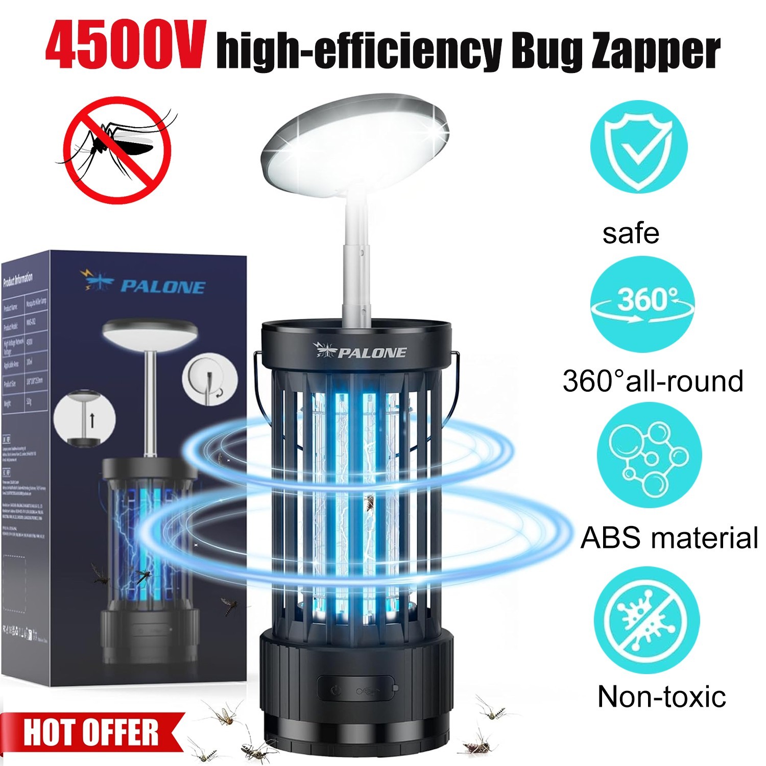 4500V Rechargeable Bug Zapper, Telescopic LED Light Mosquito Killer for Home