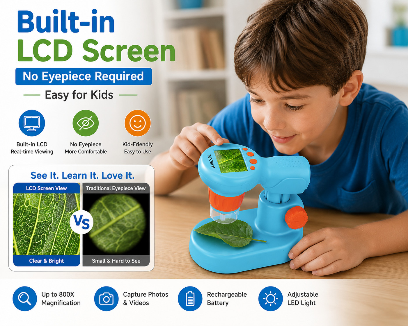Kids Digital Microscope Kit LCD Screen 800X STEM Science Educational Toy Ages 6+