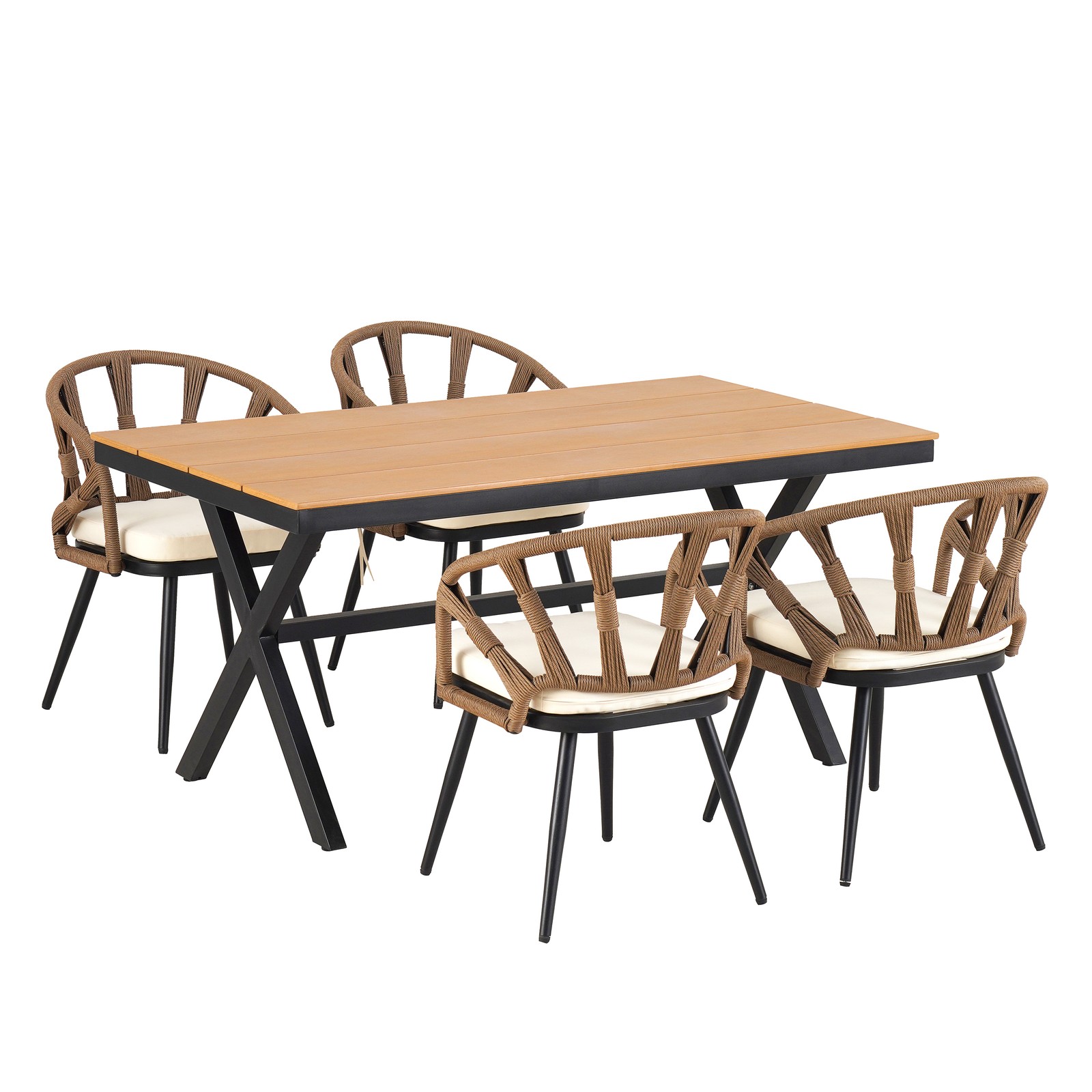 4-Piece Outdoor Patio Furniture Set with PE Rattan Chairs and Plastic Wood Table