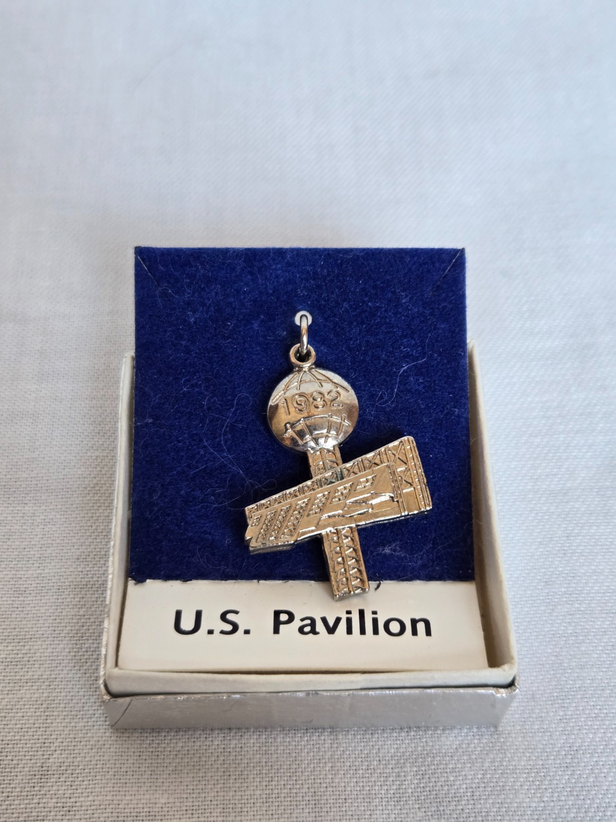 1982 World’s Fair US Pavilion & Sunsphere Silver Tone Charm, New in Box