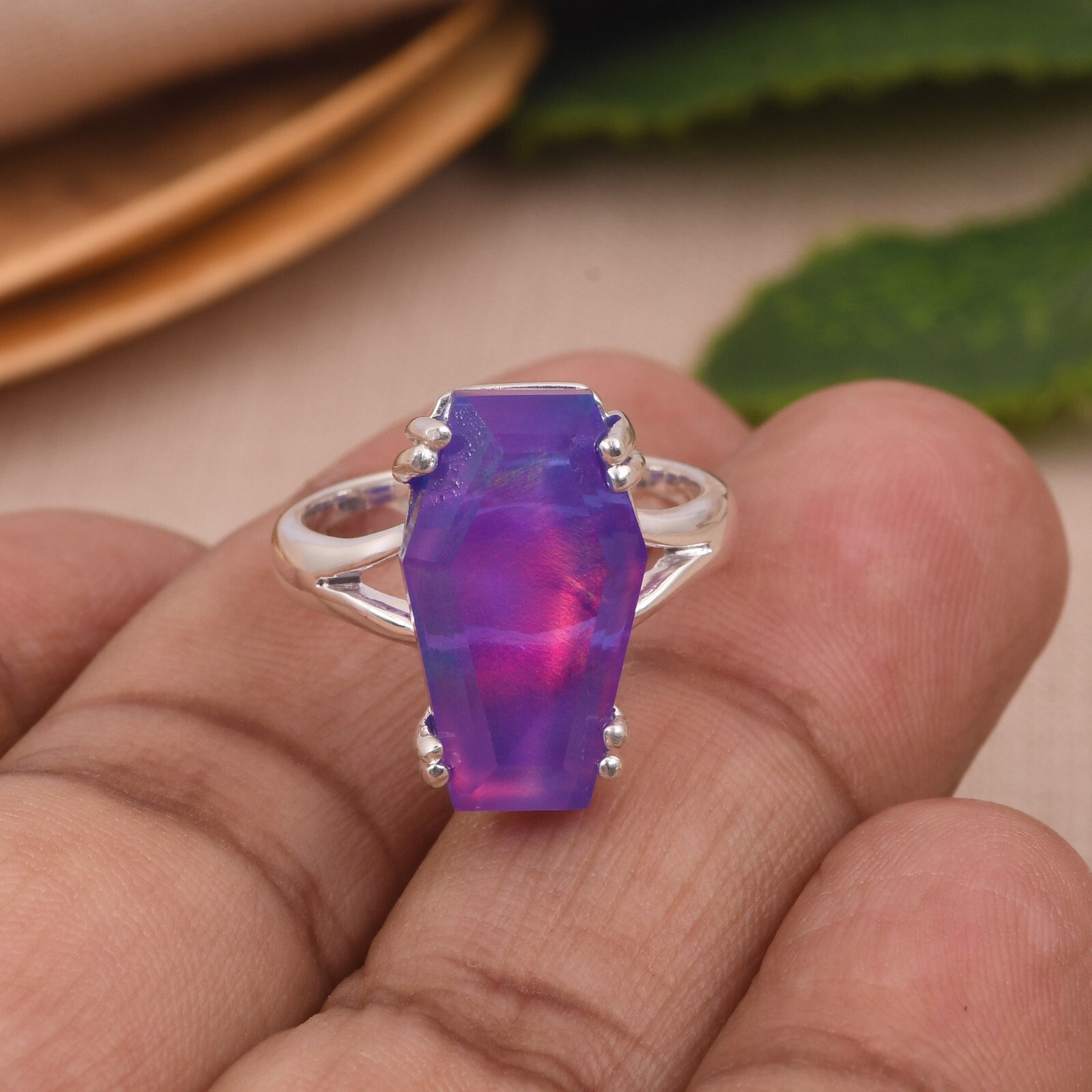 Nebula Opal Coffin Shape Engagement Ring 925 Sterling Silver Gift For Love