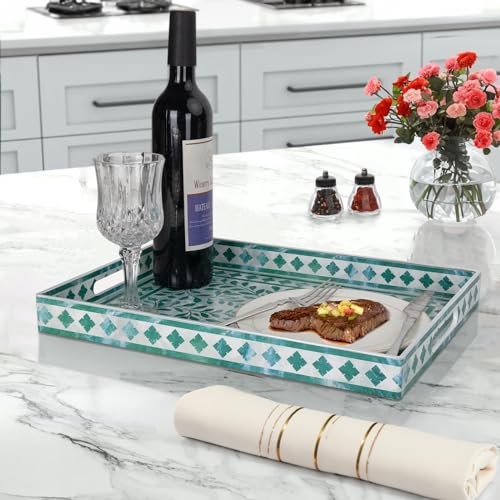 Rectangular Decorative Tray, Plastic Serving 15.7" x 11.8" x 1.6" Floral Green