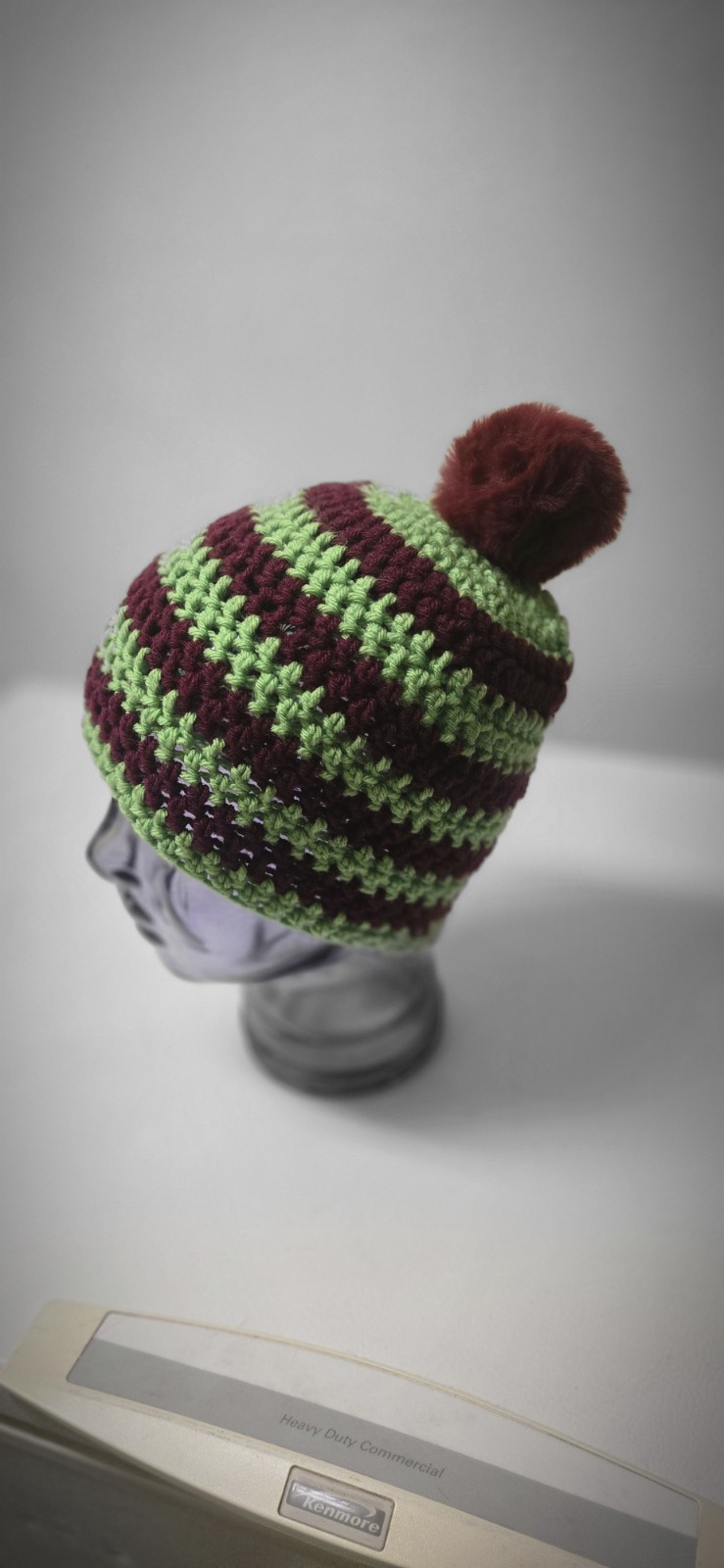 Handmade Crochet Striped Beanie Hat Green Brown Burgundy Pom Pom