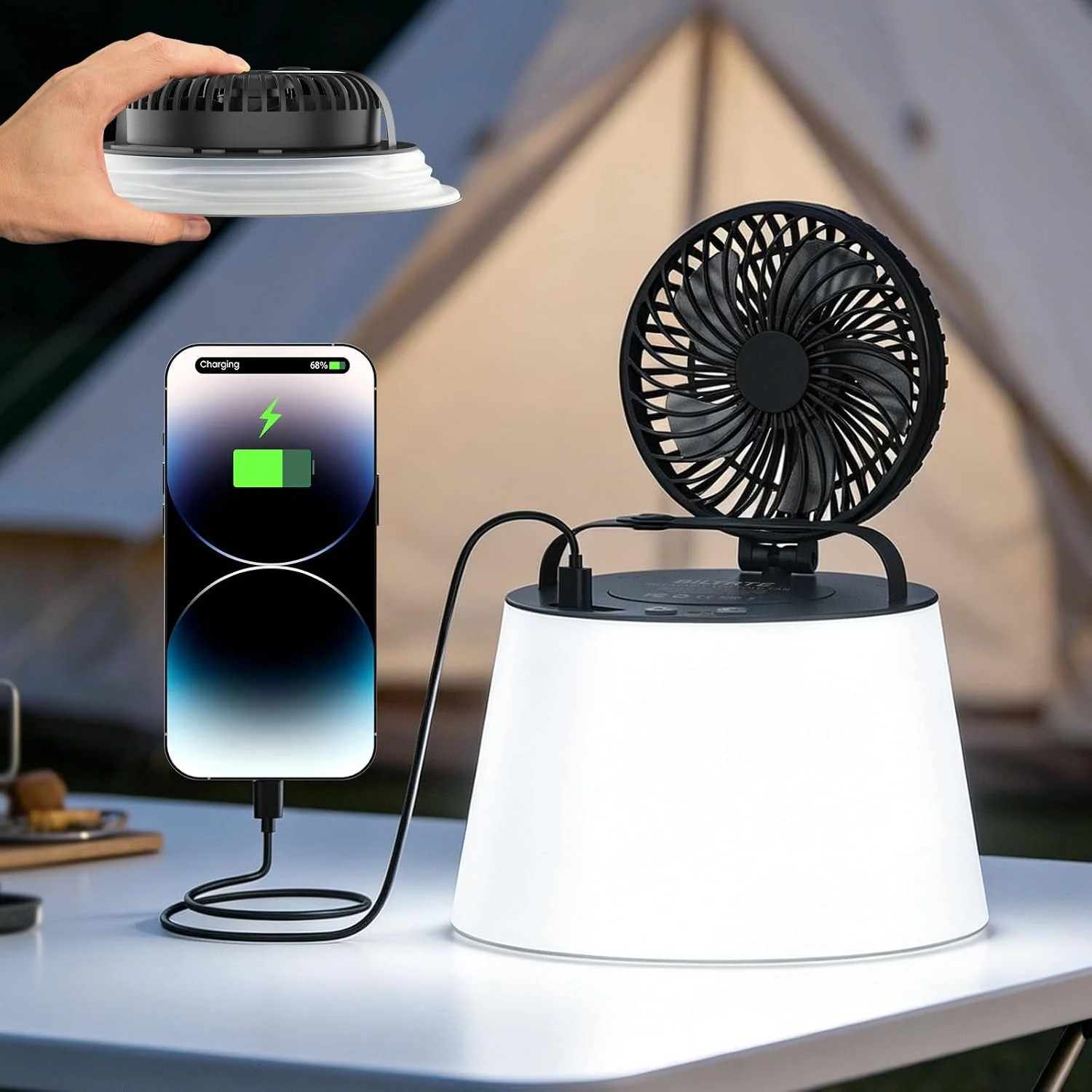 3-in-1 Portable Camping Fan with Lantern & Phone Charger,40H Long-Lasting Rechar