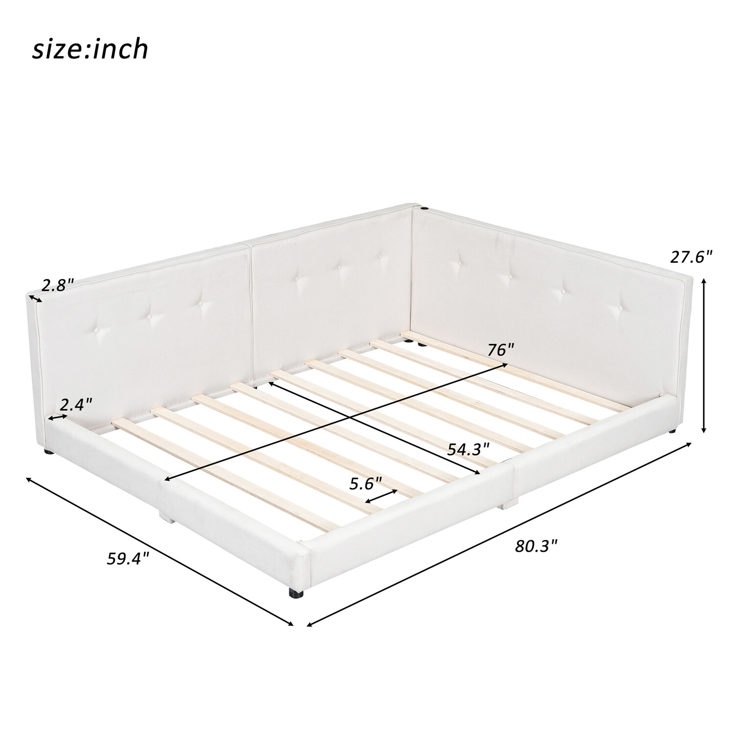 Full/Queen Size Bed Frame Upholstered Platform Bed w/ USB Ports Beige/Blue