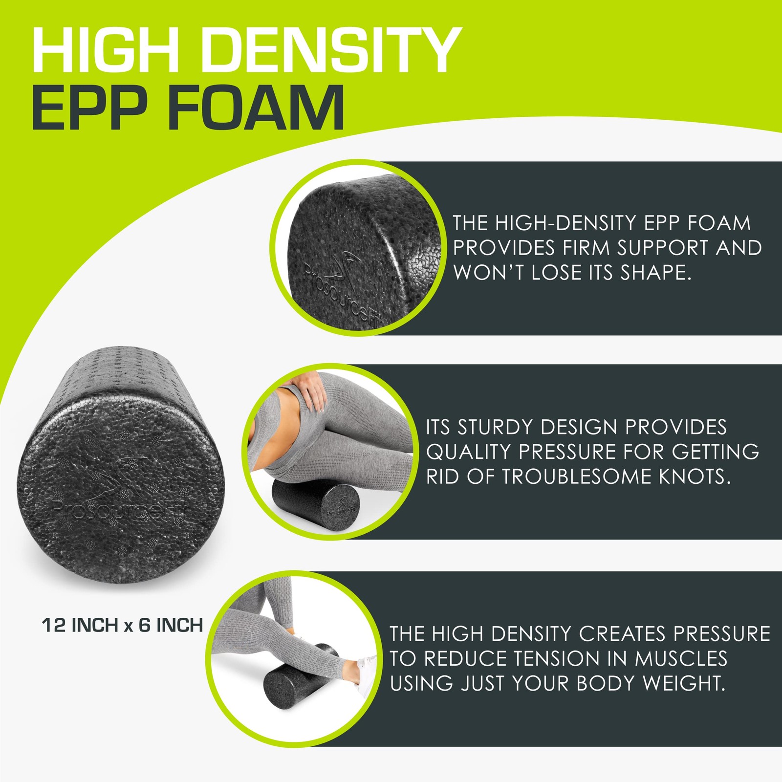 ProsourceFit High Density Foam Rollers 12 - inches long, 12"H x 6"D, Black