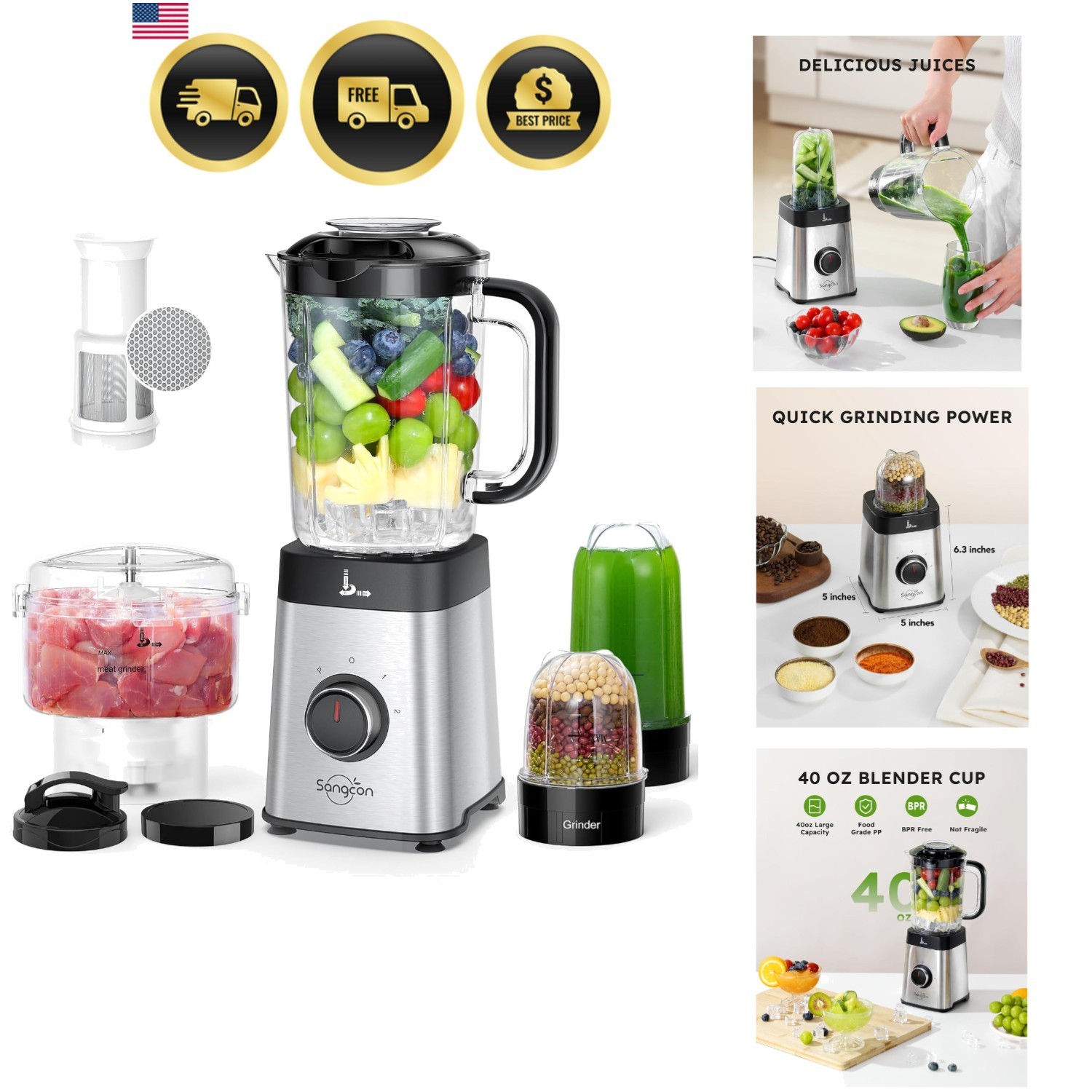 Blenders and Food Processor Combo for Kitchen, 5 in 1 Blender for Shakes and ...
