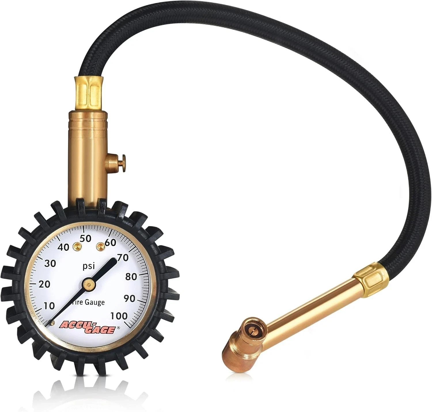 Tire Pressure Gauge with Hose and Protective Rubber ,100 PSI Right Angle Chuck