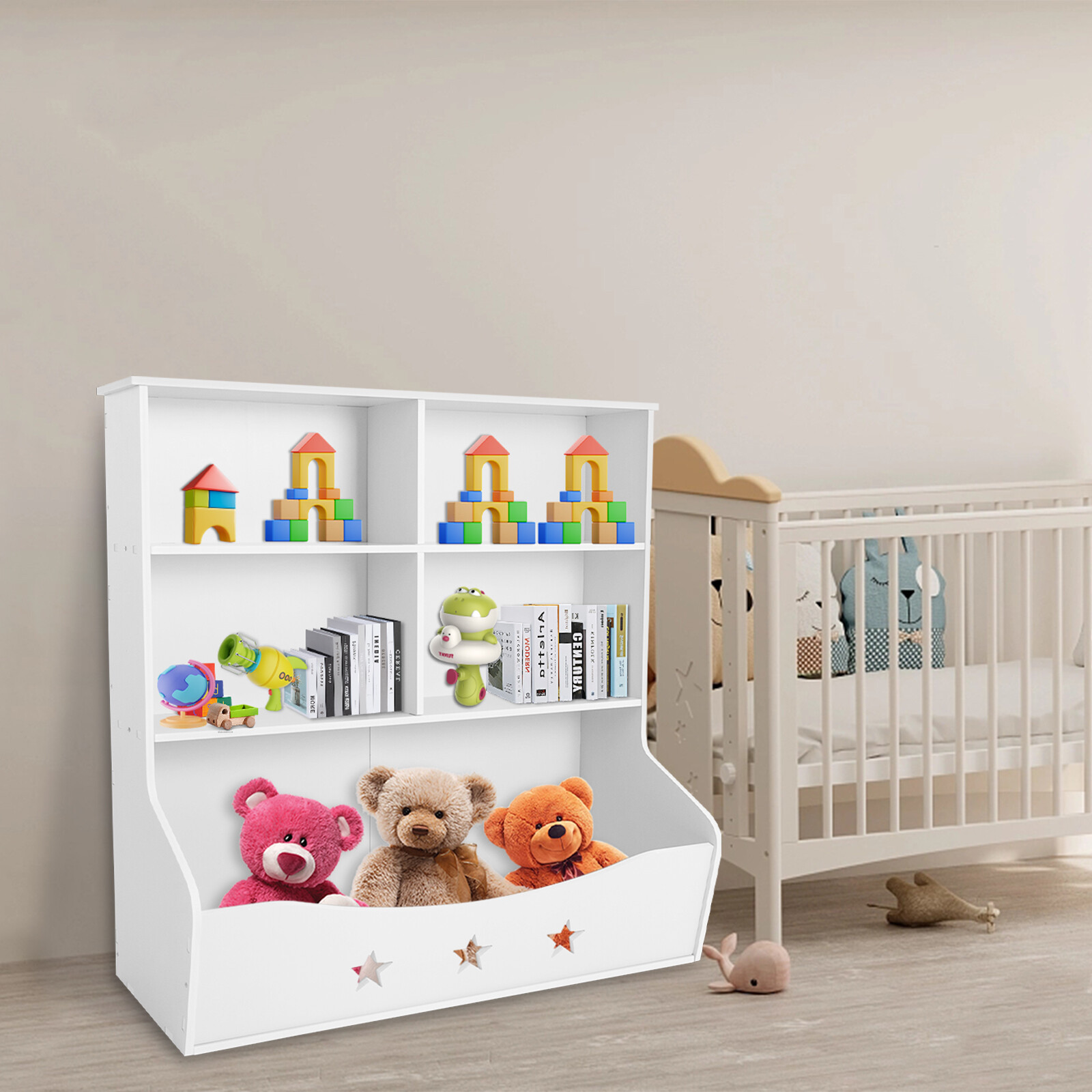 Kids' Storage Organizer, 3-tier Bookcase, Home Organization Toy Bookcase, White