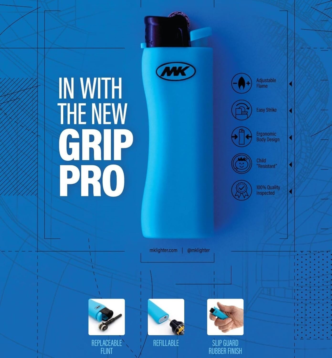 5-PACK MK Grip Pro Refillable Butane Pocket Lighter (703335)