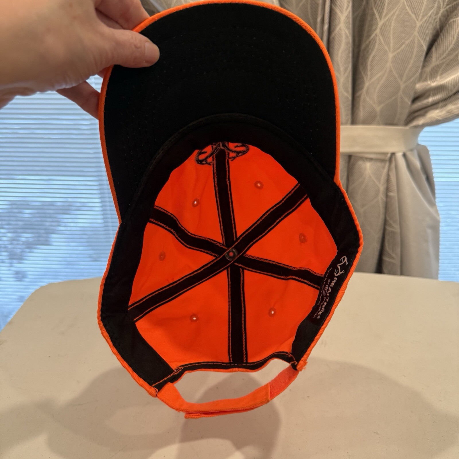 Real Tree Fluorescent Orange w Deer w Antlers in Black on Hat Cap Hook Loop EUC