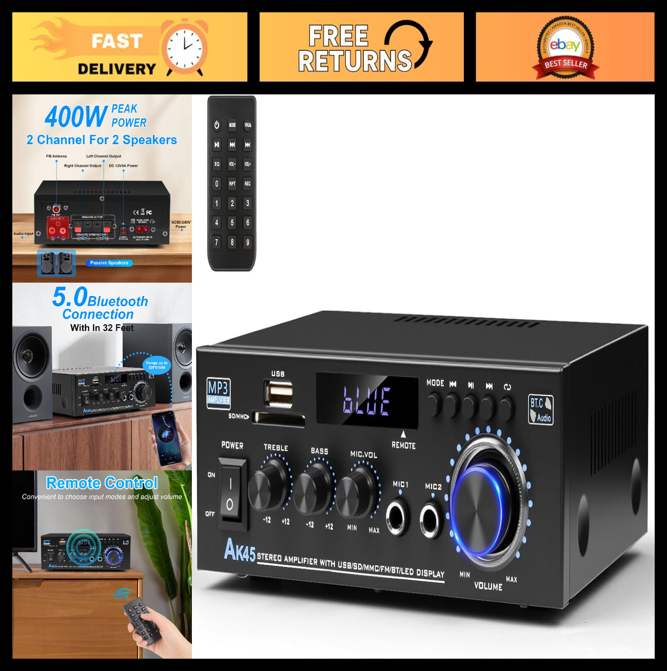 Bluetooth 5.0 Stereo Amplifier Receiver 400W 2-Channel Home Audio Power Amp, FM