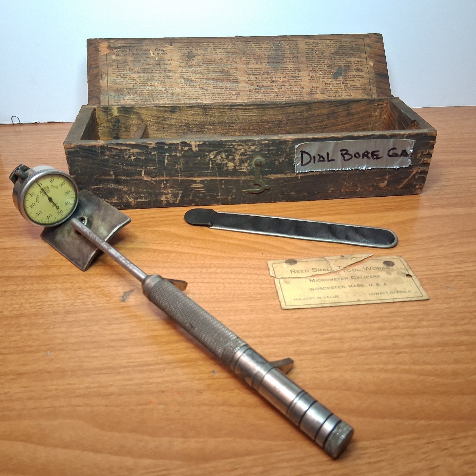 Ames Jr. Cylinder Gauge with Wooden Box Vintage Shop Tool Worcester Mass. USA
