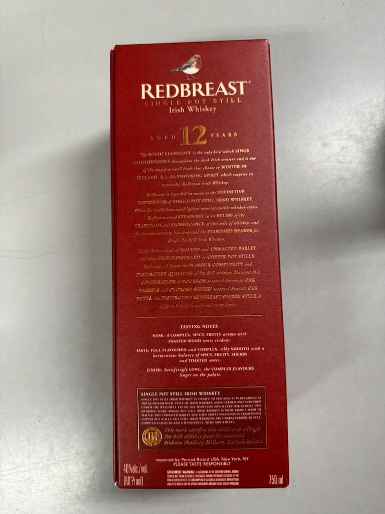 Empty Redbreast Irish Whiskey Bottle & Box 12yr Aged