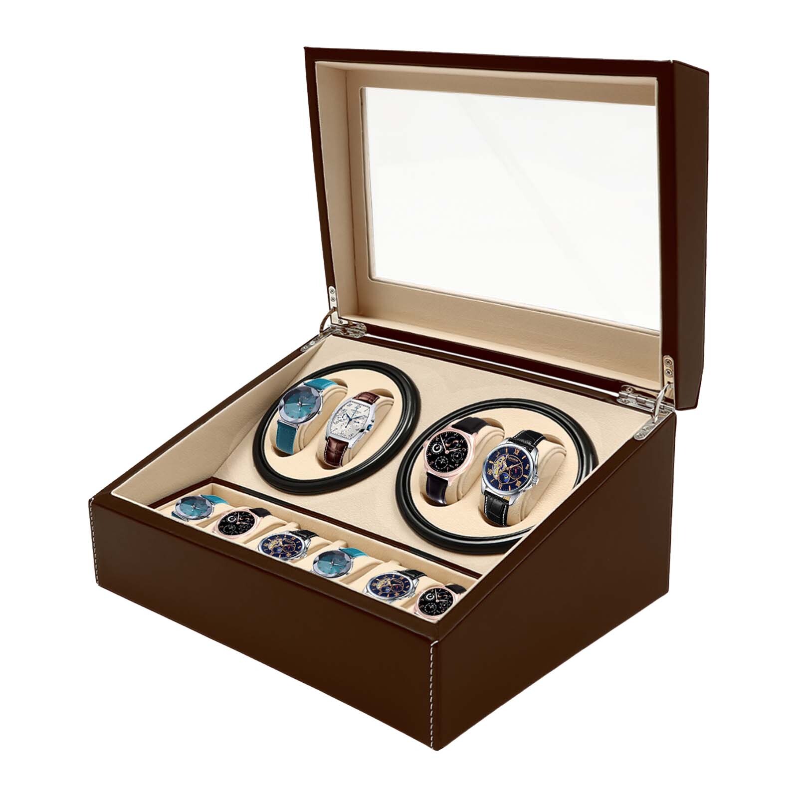4+6 Automatic Rotation Leather Wood Watch Winder Storage Box Display Case