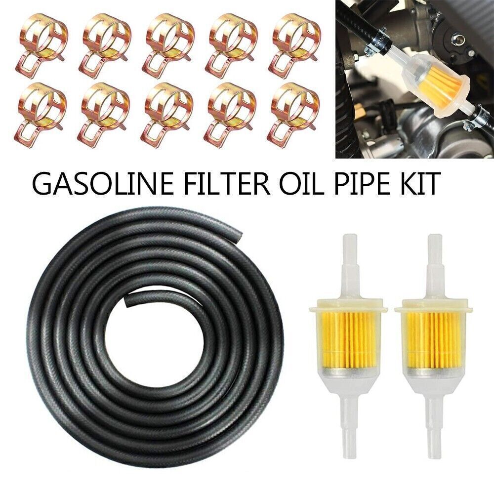 2M 1/4" Motorcycle Bikes Gas Fuel Line Tubing 10× Hose Clamps with Fuel Filter
