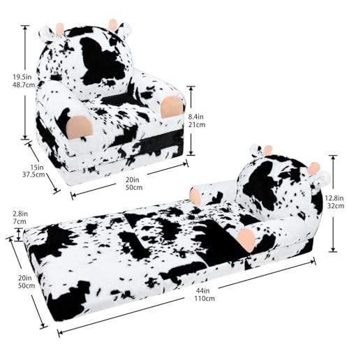 Toddler Chair with Faux Rabbit Fur – 2-in-1 Foldable Kids Couch, Soft Sofa cow