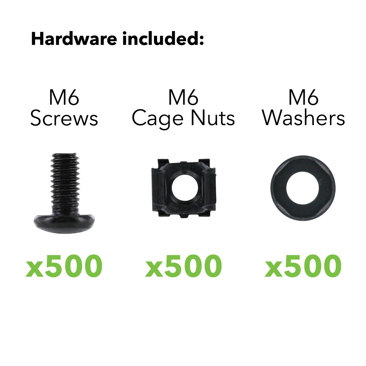 500 Pack Lot - M6 Rack Mount Cage Nuts & Screws w/Washers - Square Clips Server