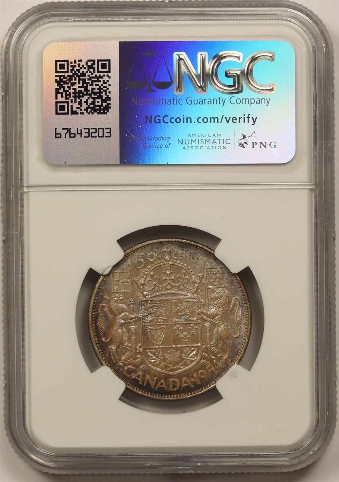 1954 Canada 50C NGC MS 64 (Toned) Silver Half Dollar