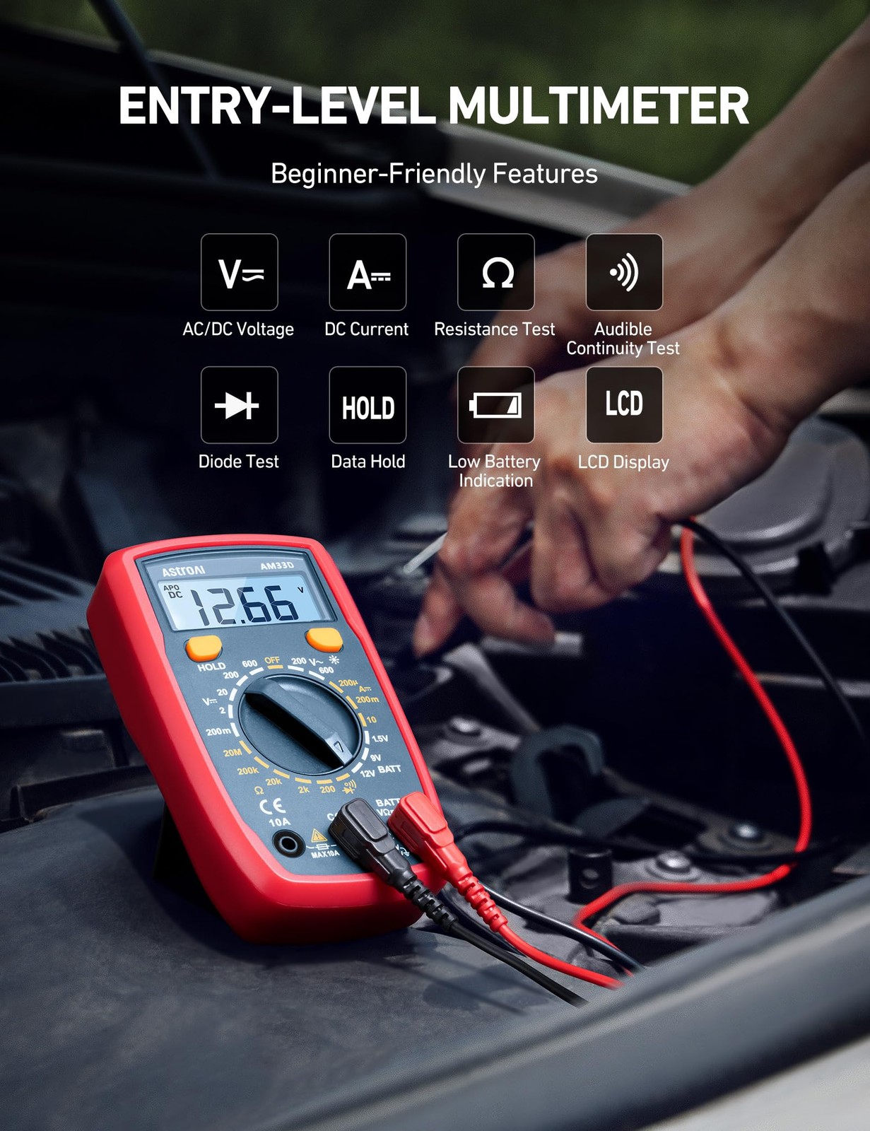 AstroAI Digital Multimeter Tester: DC/AC Voltmeter, Ohm, Volt - 2000 Counts