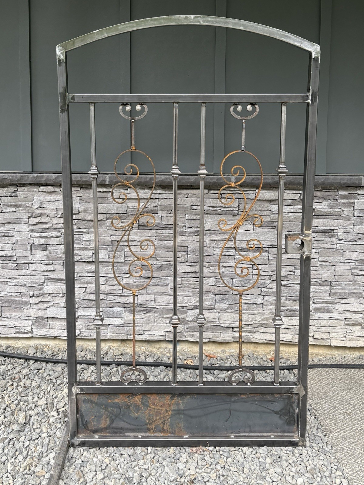 Metal Pedestrian Garden Gate Panel, Curved Top Decorative Scrollwork