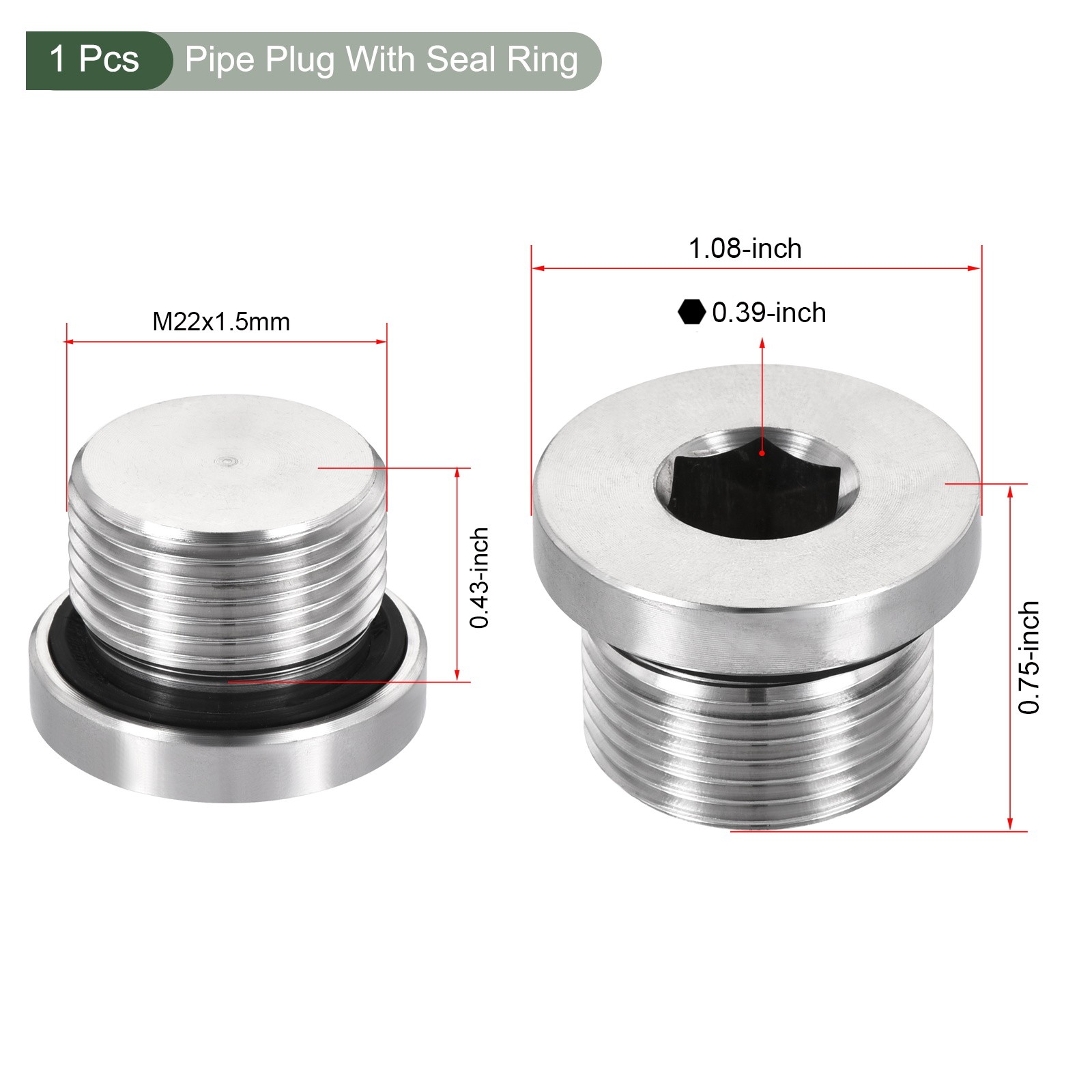 M22 x 1.5 Stainless Steel Internal Hex Head Socket Pipe Fitting (Silver)