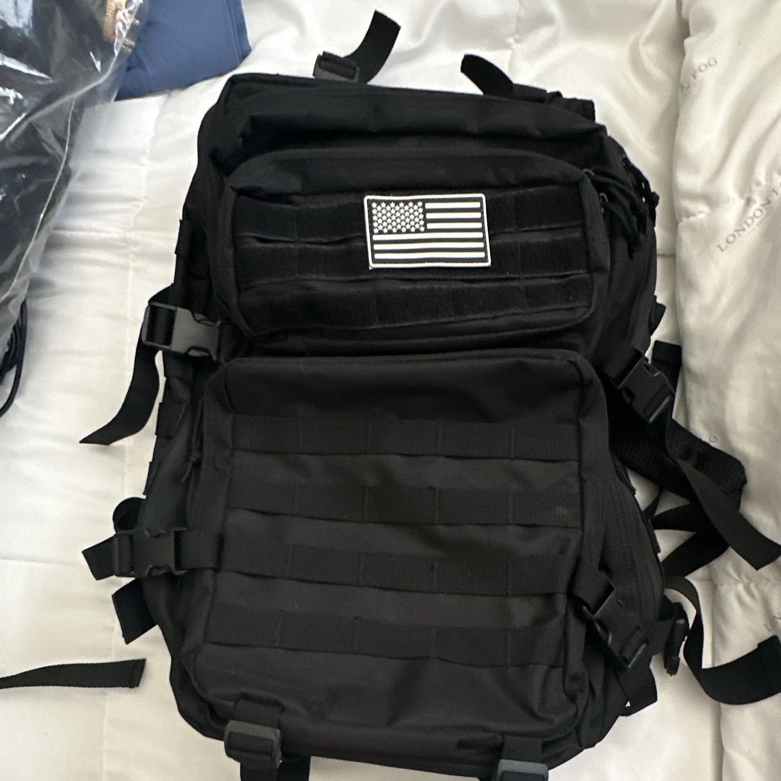Black Tactical MOLLE Backpack 20L w/ US Flag Patch, Padded Straps, 15" Laptop