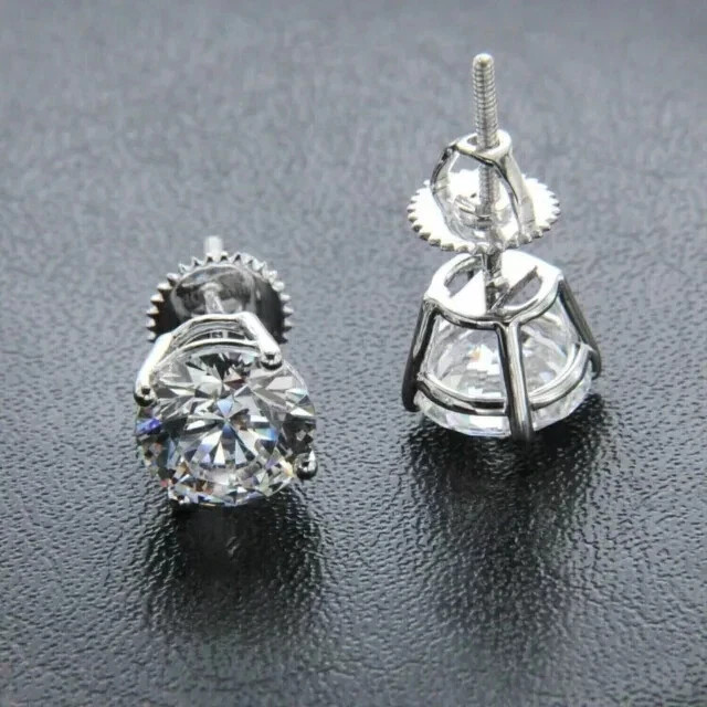 2Ct Round Cut Real Moissanite Solitaire Stud Earrings 14k White Gold Plated