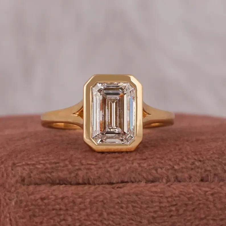 White Moissanite 3.40 Ct Emerald Cut Bezel Engagement Ring 14K Yellow Gold FN
