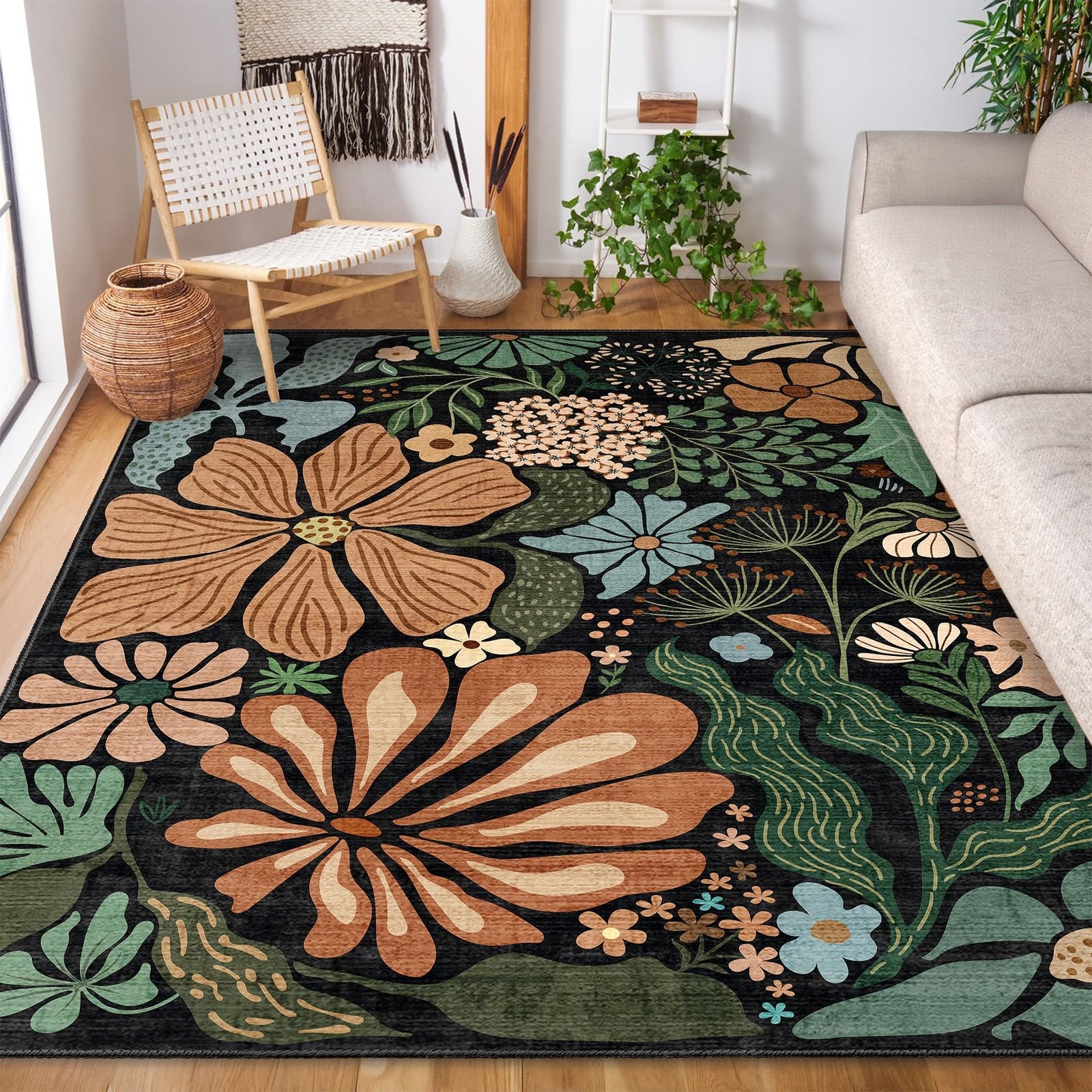 MUJOO Black 5x7 Area Rugs for Living Room,Floral Washable Rug Non Slip Low Pi...