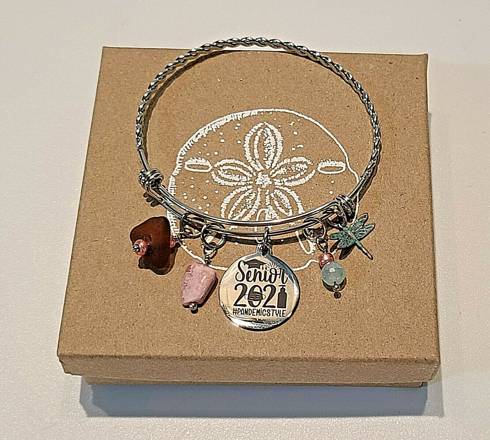 Artisan Bangle Sea Glass Rhodochrosite Agate - Dragonfly Hand Made Adjustable