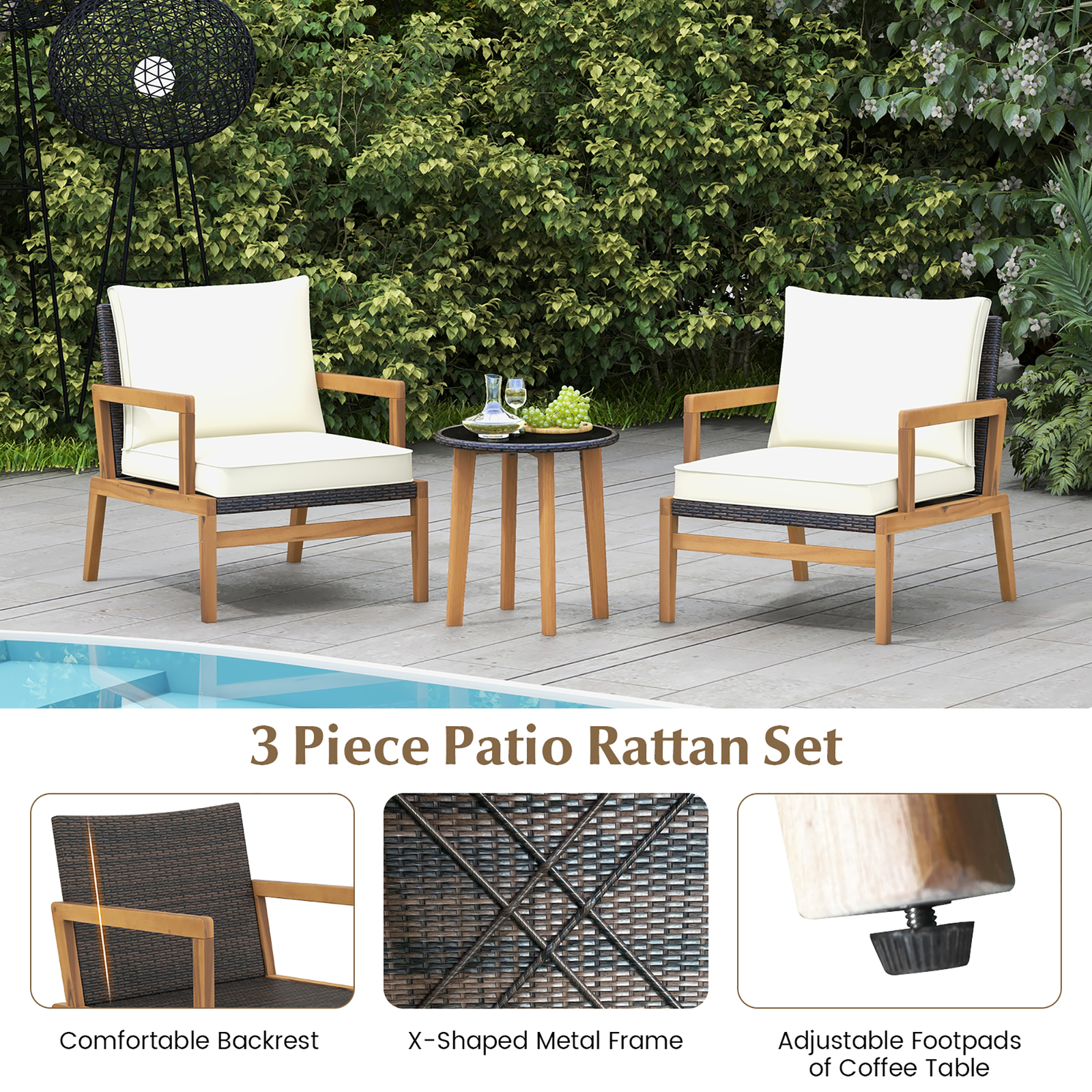 3 PCS Patio Chair Set Wicker Chair & Side Table Set w/ Tempered Glass Tabletop