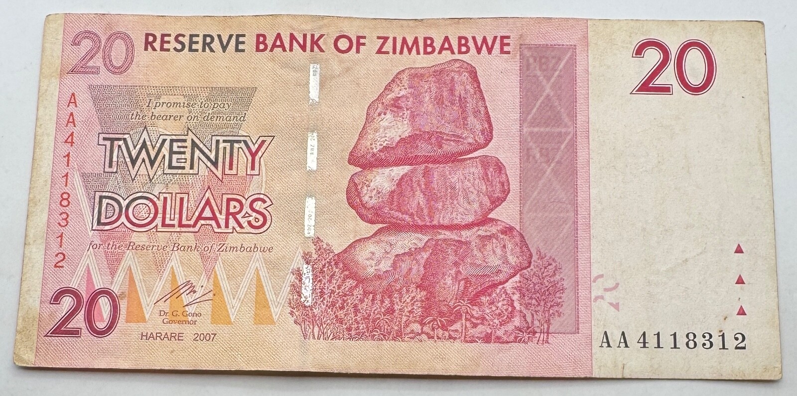 2007 Zimbabwe Twenty Dollars - 20 Dollar Bill - 20D -  Free Shipping