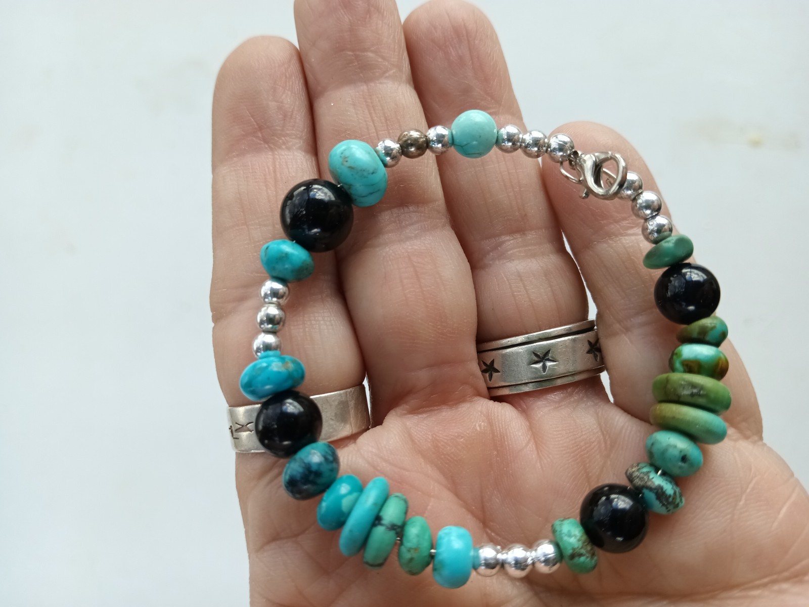 Bohemian Turquoise Onyx Silver plated Beads Bracelet Size 6" Wrist