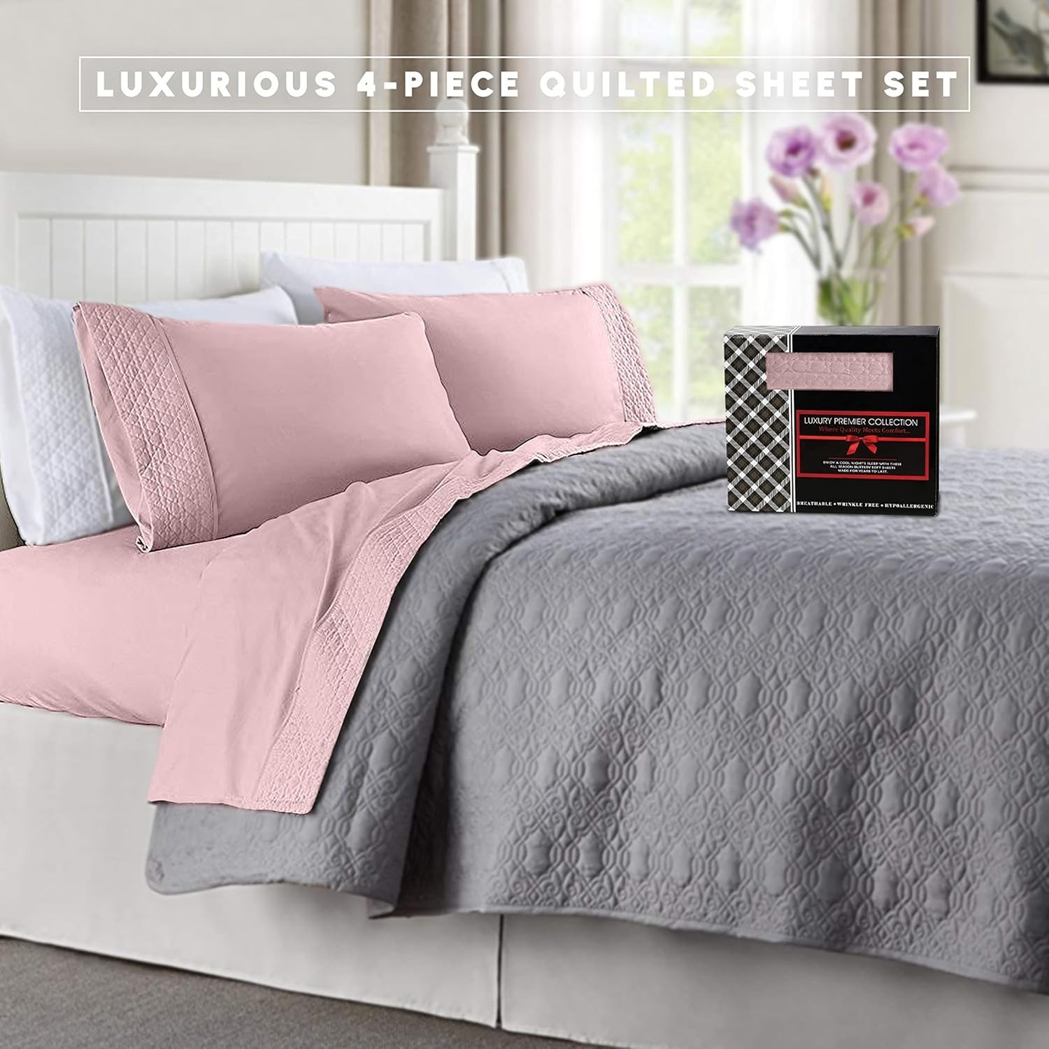 Luxurious 4-Piece Quilted King Sheet Set - 1500 Thread Count, Wrinkle Resistant