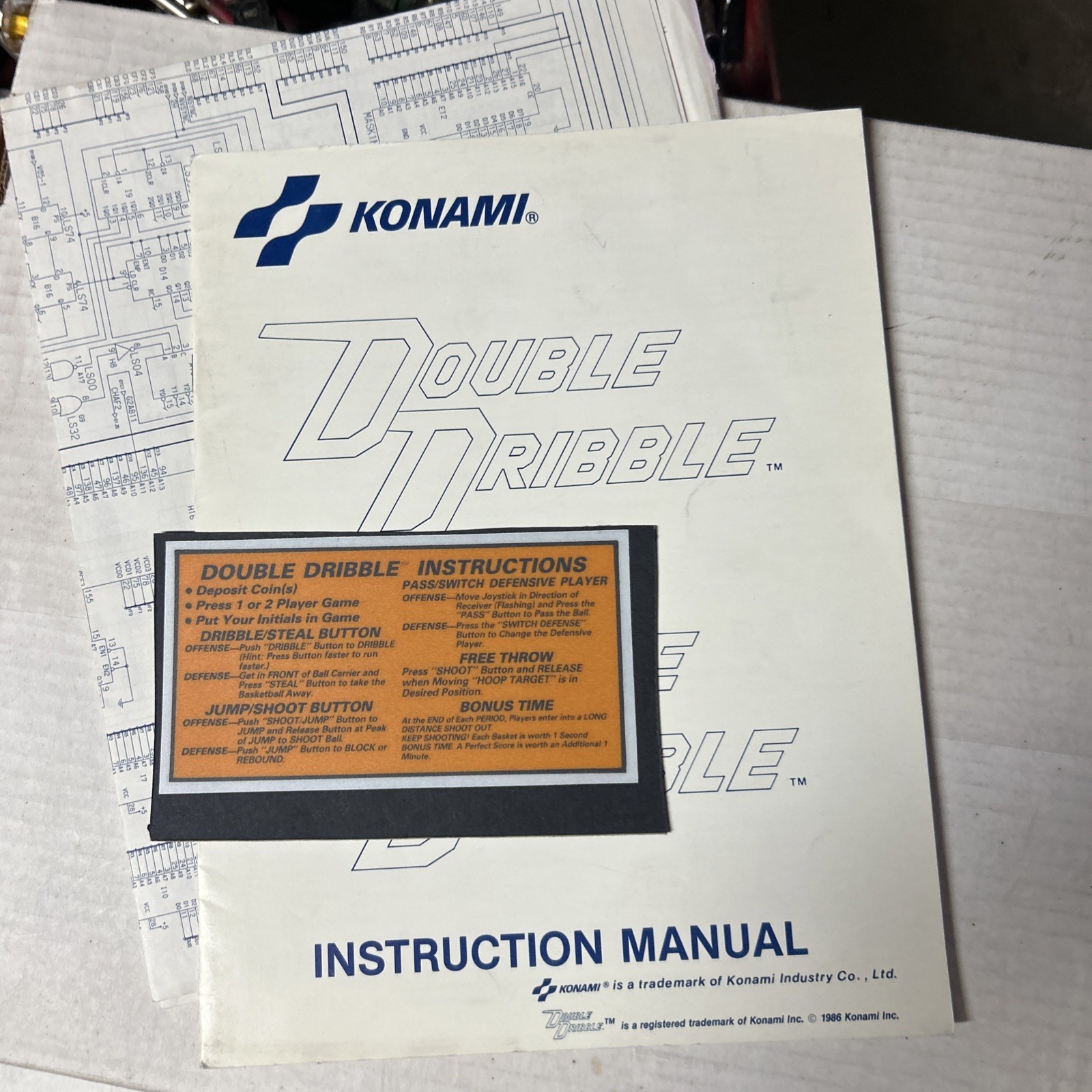 oRIGINAL double dribble konami w/ schematics Arcade Video GAME  MANUAL